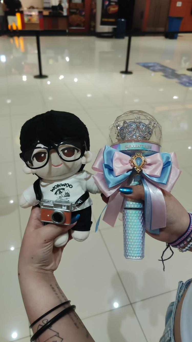 Boneco do cantor Wonwoo (Seventeen) e caratbong, "luzinha" do grupo