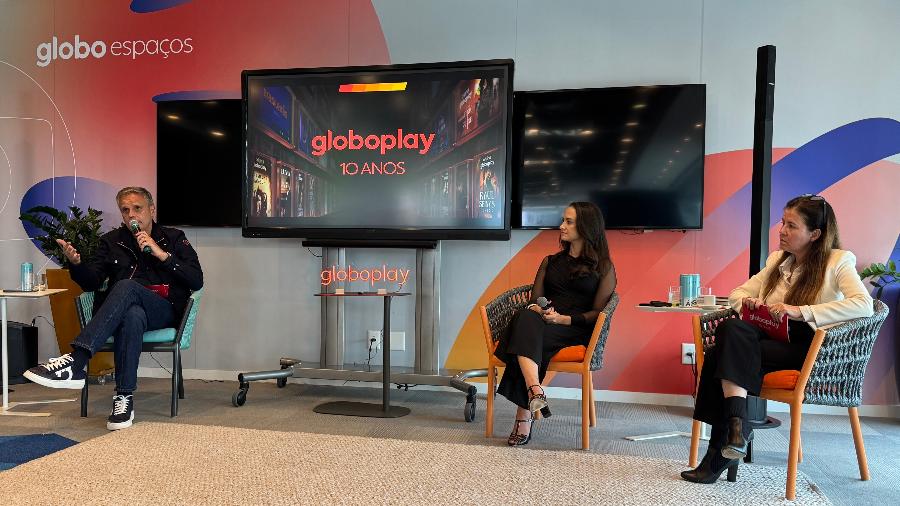 Julia Rueff, Tatiana Costa e Manuel Belmar, da Globo, anunciando as novidades e resultados do Globoplay Julia Rueff, Tatiana Costa e Manuel Belmar, da Globo, anunciando as novidades e resultados do Globoplay