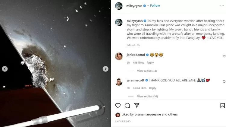 Avião de Miley Cyrus é atingido por raio e faz pouso de emergência  - Reprodução/Instagram - Reprodução/Instagram