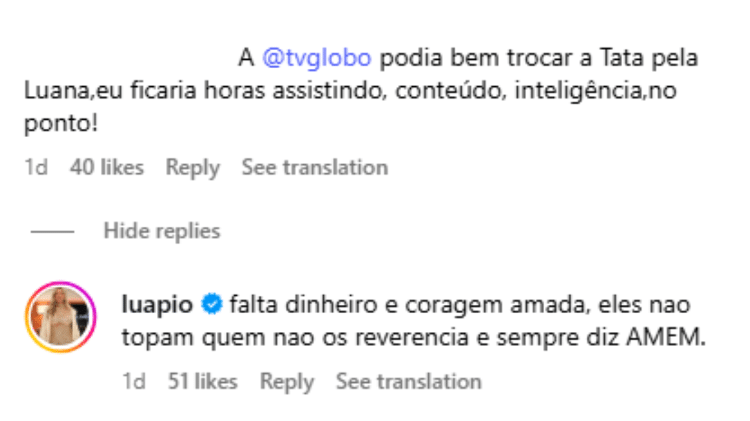 Luana Piovani respondeu comentário que citou Tatá Werneck Luana Piovani respondeu comentário que citou Tatá Werneck