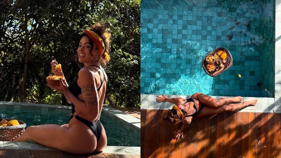 Aline Campos aproveita café da manhã na piscina na Chapada dos Veadeiros Aline Campos aproveita café da manhã na piscina na Chapada dos Veadeiros