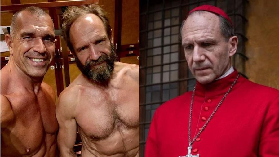 Ralph Fiennes com o personal; ao lado, em 'Conclave' Ralph Fiennes com o personal; ao lado, em 'Conclave'