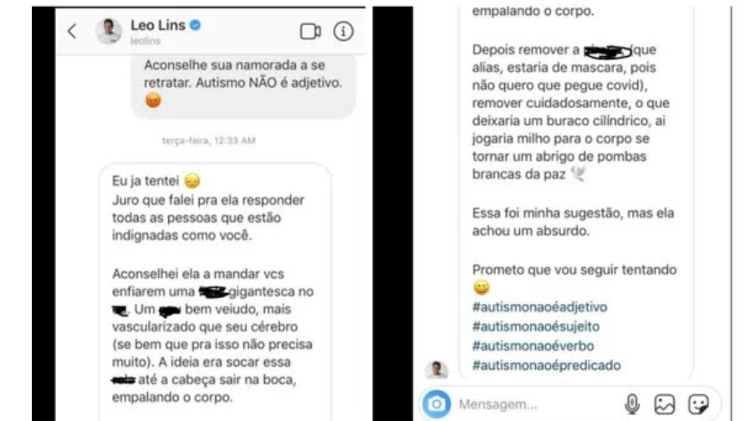 Mensagem de Léo Lins à autora da ação, transcrita no processo de 2022 Mensagem de Léo Lins à autora da ação, transcrita no processo de 2022
