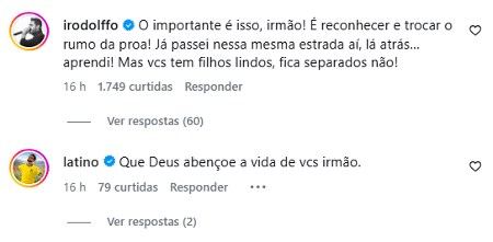 Comentários de Rodolffo Matthaus e Latino na publicação em que Matheus Aleixo admite traição