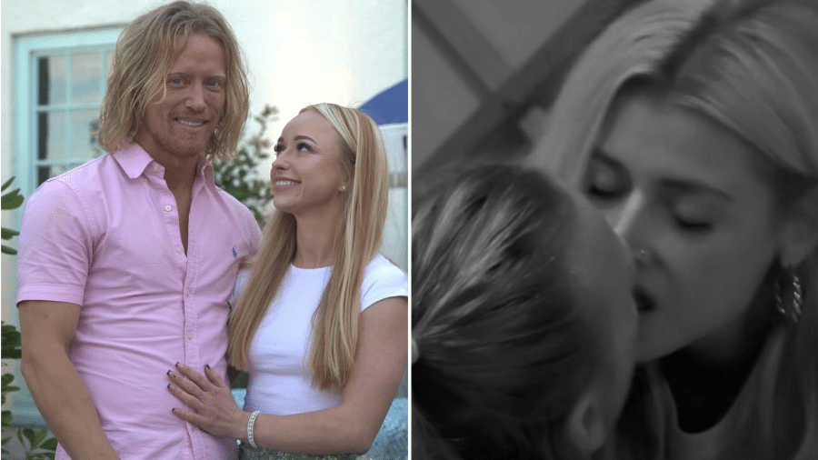 Montagem: Mark e Tanith; Mark beija outra mulher em orgia no reality britânico "Open House" - Reprodução/Instagram @twonaughtyblondes @channel4 @openhousethegreatsexexperiment