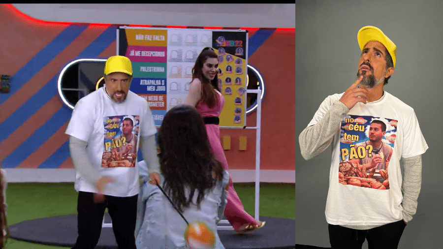 Marcos Mion usa camiseta com meme sobre Arthur Aguiar no quadro "Isso a Globo Mostra", do Caldeirão deste sábado (05/02) - TV Globo/Reprodução