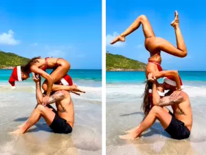 Izabel Goulart e o noivo Kevin Trapp impressionam com acrobacia e beijo