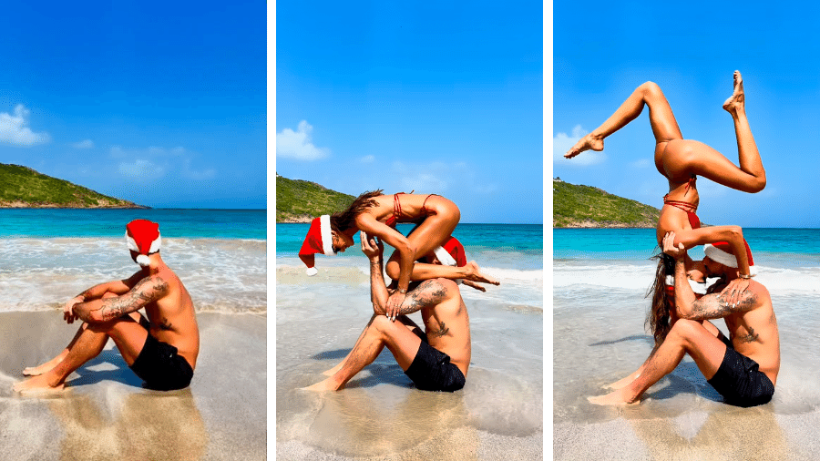 Izabel Goulart e o noivo, Kevin Trapp, fazem acrobacia com beijo