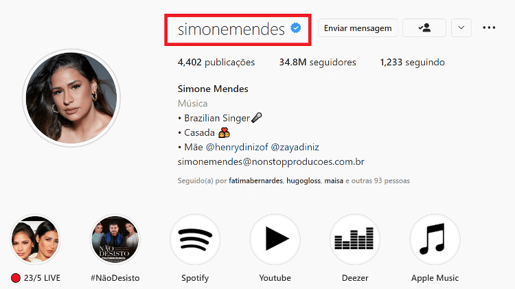 Novo nome da cantora no Instagram é apenas 'simonemendes' - Reprodução / Instagram - Reprodução / Instagram