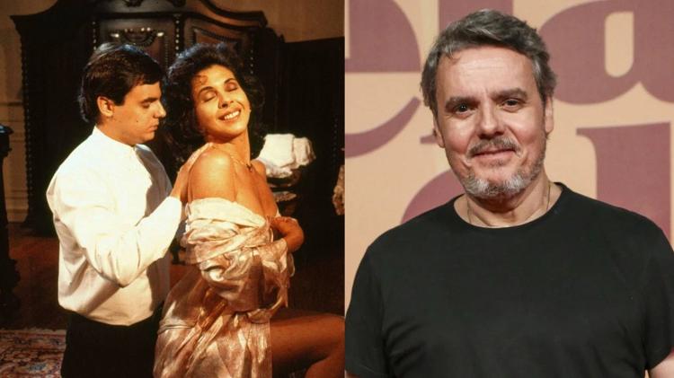 Cássio Gabus Mendes e Betty Faria em 'Tieta'; ao lado o ator na pré-estreia de 'Elas por Elas', em 2023