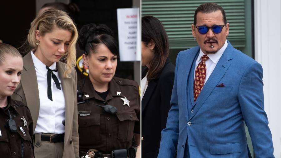 Amber Heard e Johnny Depp do lado de fora da corte de Fairfax, na Virginia