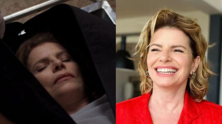 Odete Roitman (Debora Bloch) morta em 'Vale Tudo'; ao lado, a atriz que dá vida à empresária: Odete está viva?