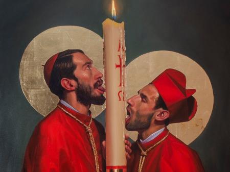 Uma das obras de Fabián Cháirez mostra dois cardeais lambendo um círio - Reprodução/X @Fabianchairez13