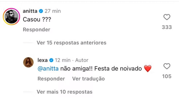 Comentário de Anitta e resposta de Lexa