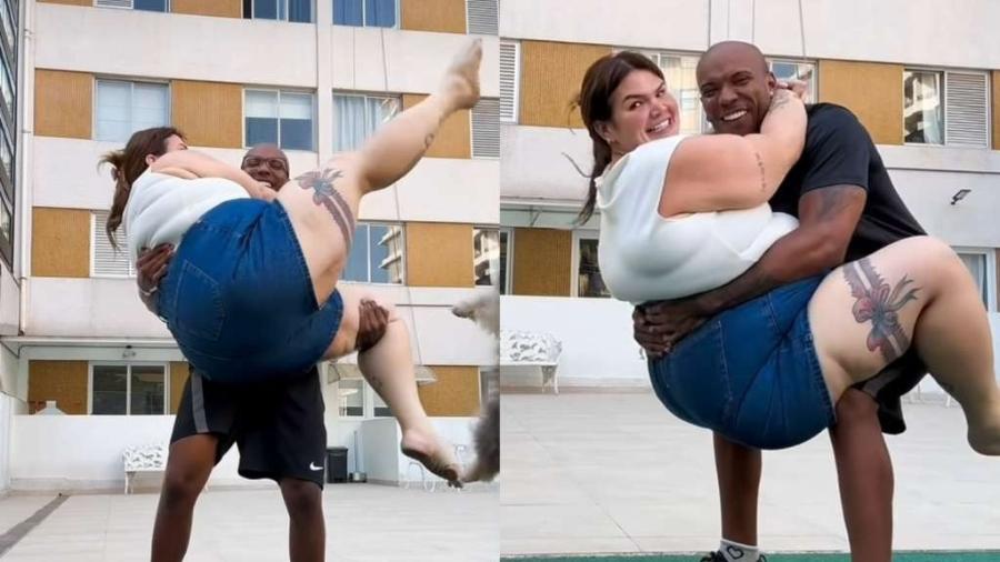 Thaís Carla é carregada no colo pelo marido após perder 70 kg