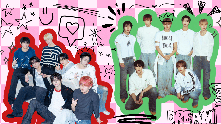 Enhypen e NCT Dream retornaram na última segunda-feira (11) com novos discos - Arte UOL/Camila Monteiro