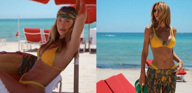 Ana Paula Siebert posa de biquíni verde e amarelo em praia de Miami