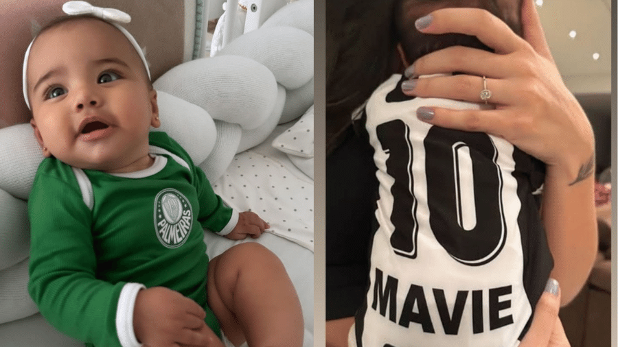 Mavie, de 5 meses, apareceu com roupinhas dos dois times