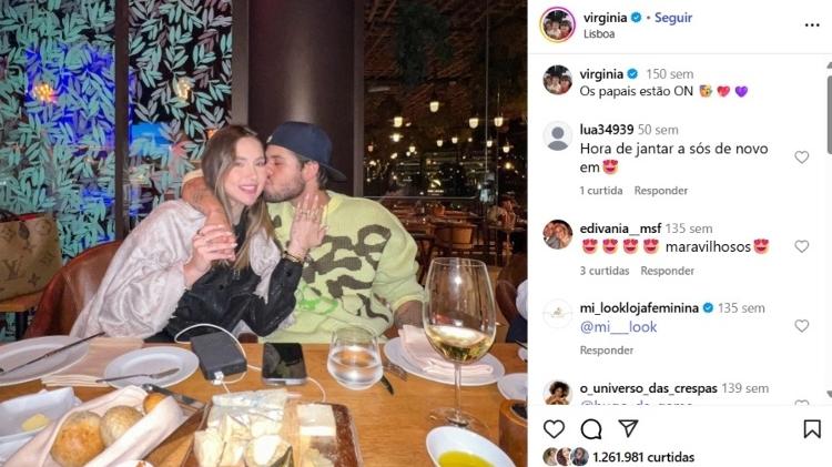 Virginia e Zé Felipe em restaurante de Lisboa, em Portugal, em 2022 Virginia e Zé Felipe em restaurante de Lisboa, em Portugal, em 2022