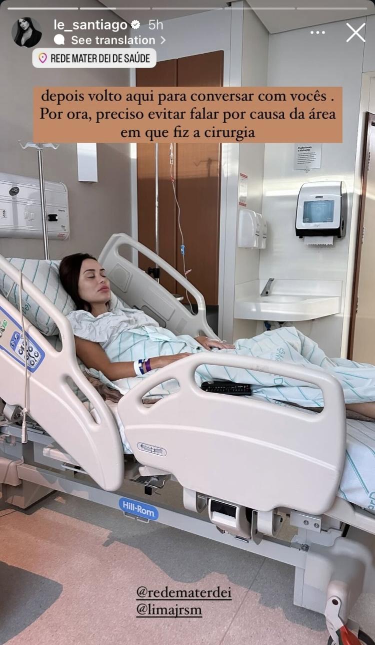 Letícia SAntiago publicou foto em cama de hospital de Belo Horizonte