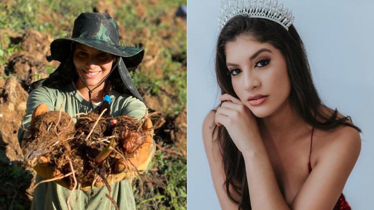 Ariani Lacerda como trabalhadora rural e como miss; ela representa a cidade de Marechal Floriano no Miss ES 2024