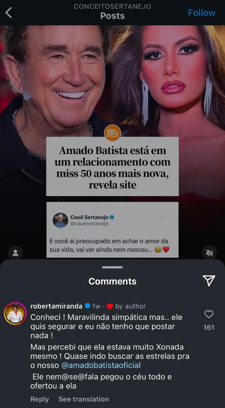 Roberta Miranda comentou que já sabia do namoro de Amado Batista