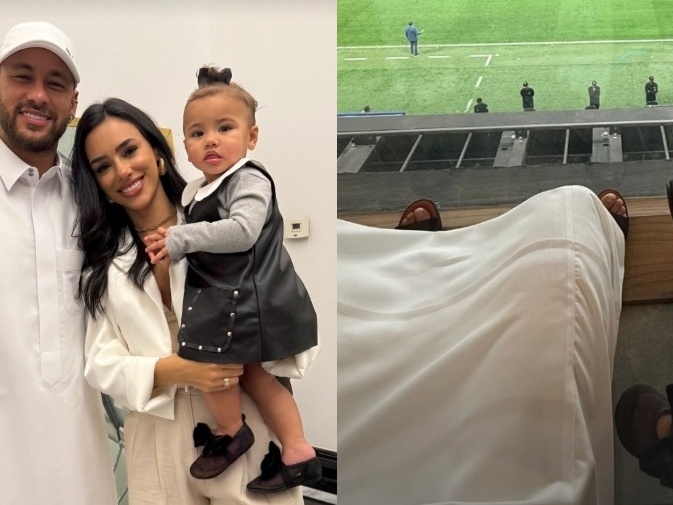 Neymar usa traje árabe para ir a jogo com Bruna e a filha, Mavie