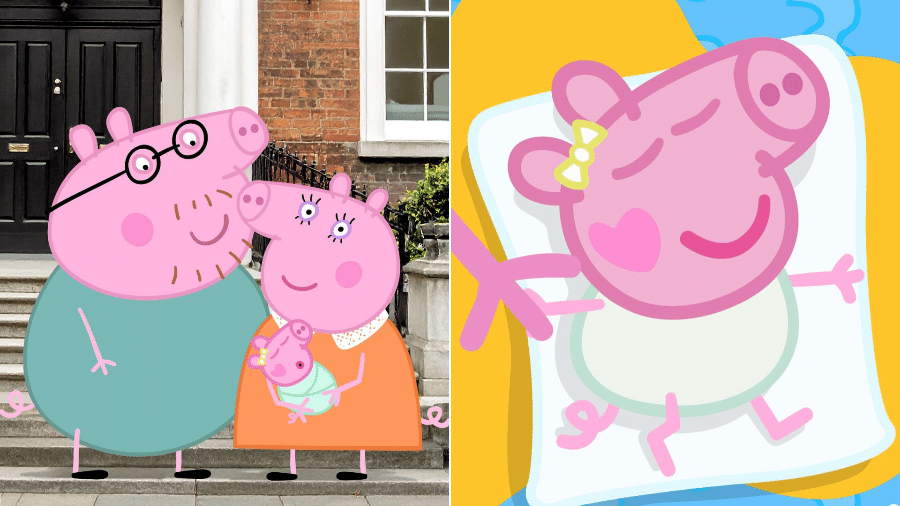 Mamãe e Papai Pig seguram Evie, a irmã caçula de Peppa