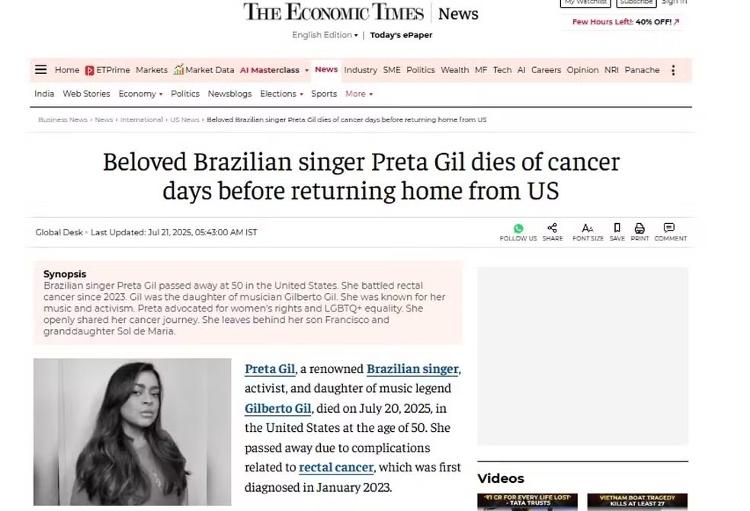 Imprensa internacional repercute morte de Preta Gil