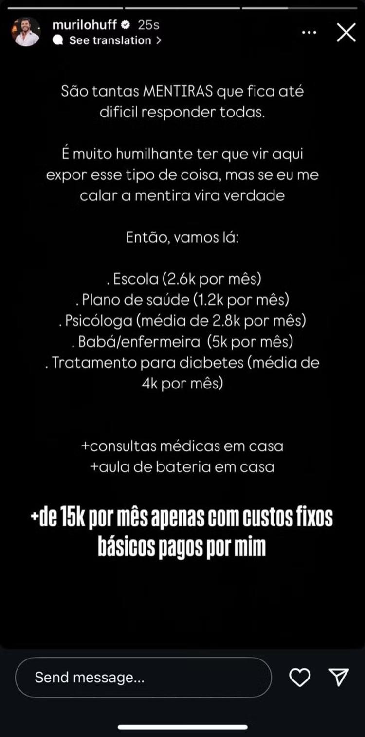 Murilo Huff expõe gastos com filho e rebate dona Ruth Murilo Huff expõe gastos com filho e rebate dona Ruth