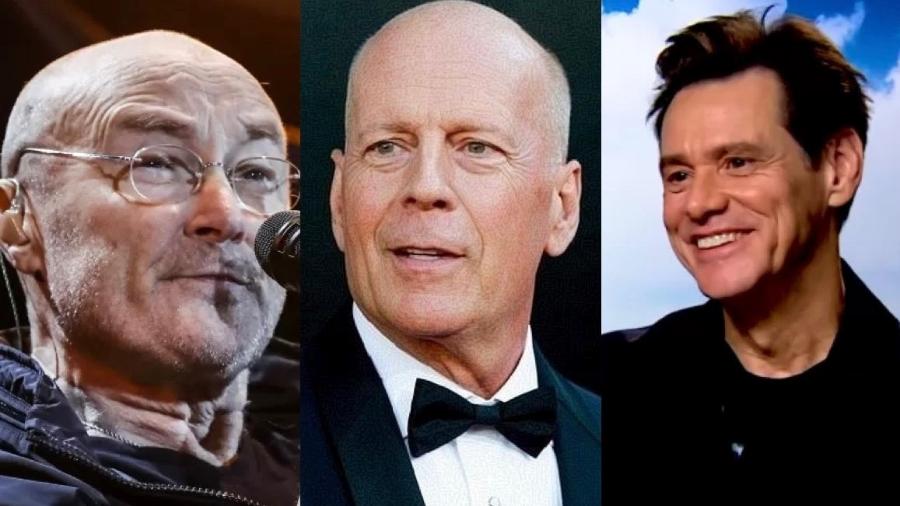 Phil Collins, Bruce Willis e Jim Carrey anunciaram aposentadoria e pausa nas carreiras em intervalo de uma semana - Reprodução/ Lucas Lima/ UOL/ Rich Fury/ YouTube