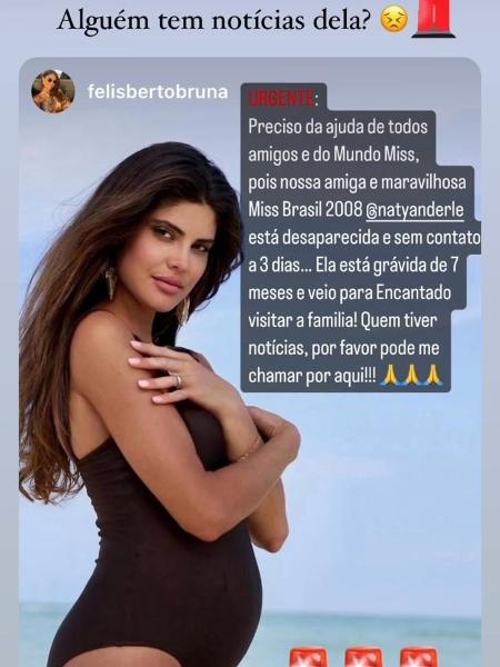 Post nas redes sociais feito por Bruna Felisberto, amiga da Miss Brasil 2008