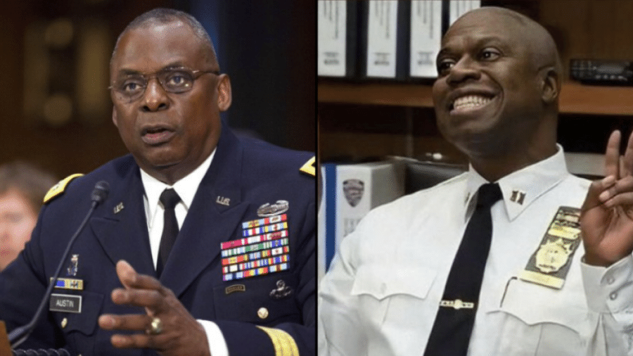 O general Lloyd J. Austin (à esq.) e o Capitão Holt, interpretado por Andre Braugher em "Brooklyn Nine-Nine" - Reprodução/Twitter