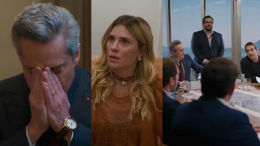 Marco Aurélio (Alexandre Nero), Leila (Carolina Dieckmmann); ao lado, reunião do conselho na TCA Marco Aurélio (Alexandre Nero), Leila (Carolina Dieckmmann); ao lado, reunião do conselho na TCA