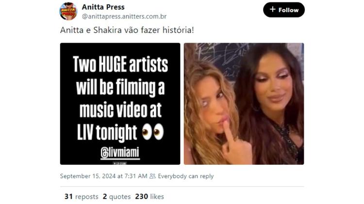 Fãs especulam música conjunta de Shakira com Anitta