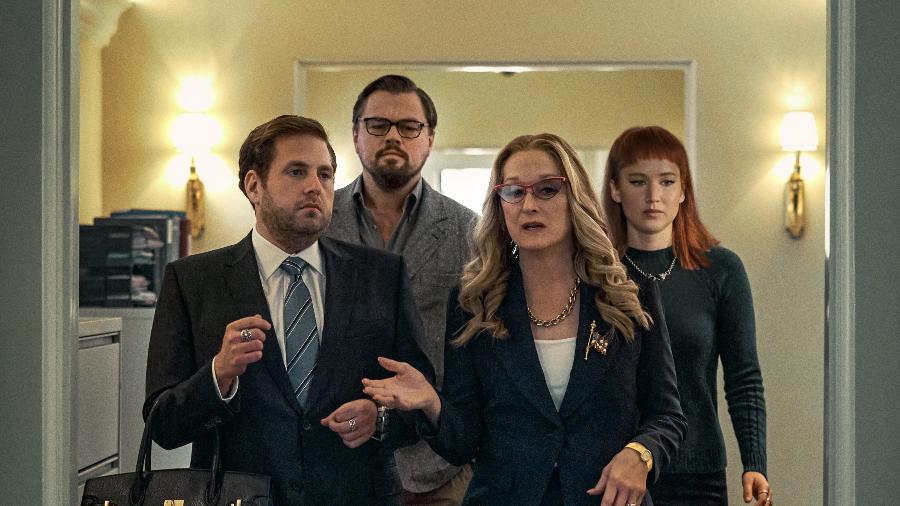 Jonah Hill, Leonardo DiCaprio, Jennifer Lawrence e Meryl Streep em "Não Olhe para Cima" - Niko Taversine/Netflix