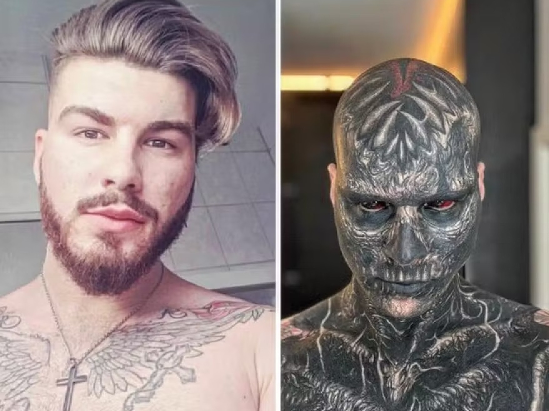 Influenciador exibe antes e depois de ter corpo coberto por tatuagens