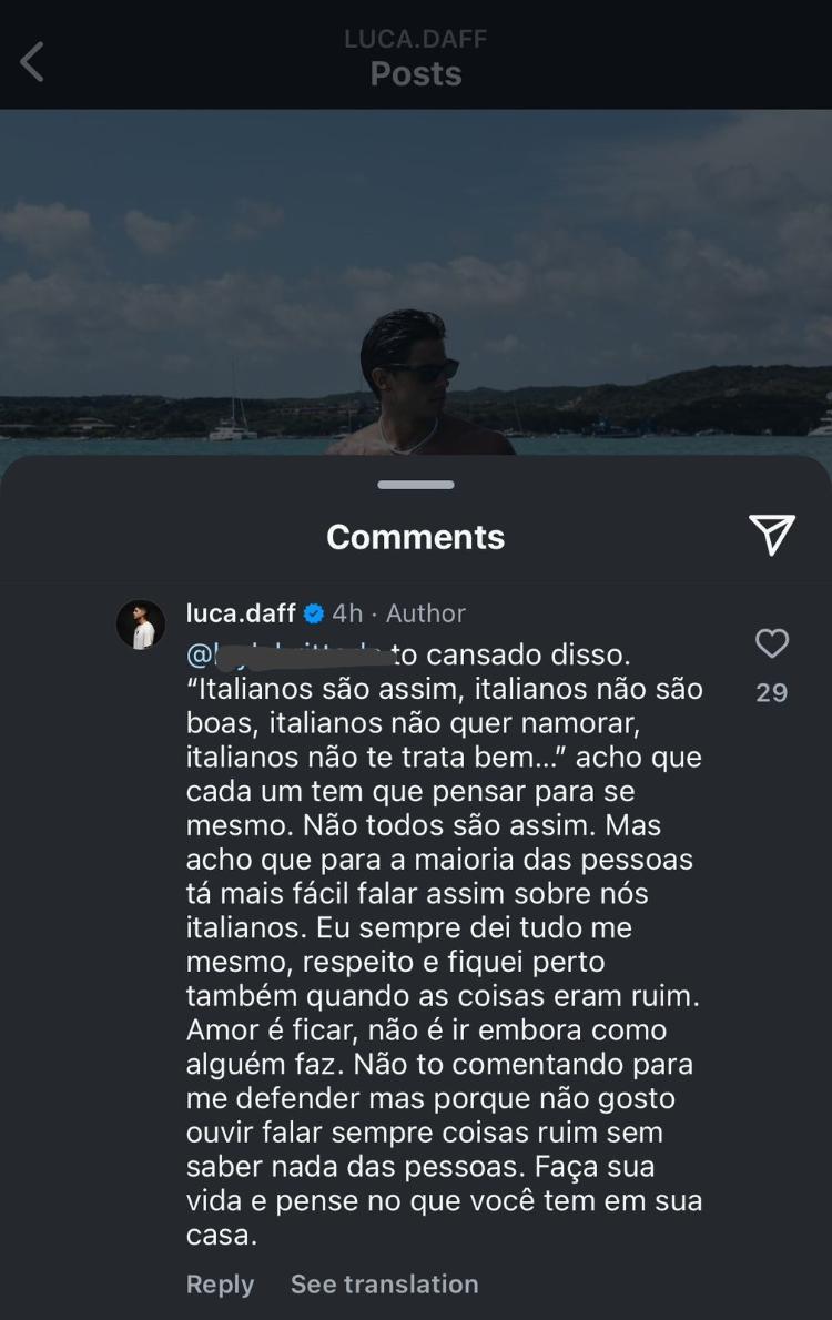 Resposta de Luca Daffrè em comentários falando de Boca Rosa do seu último post no Instagram