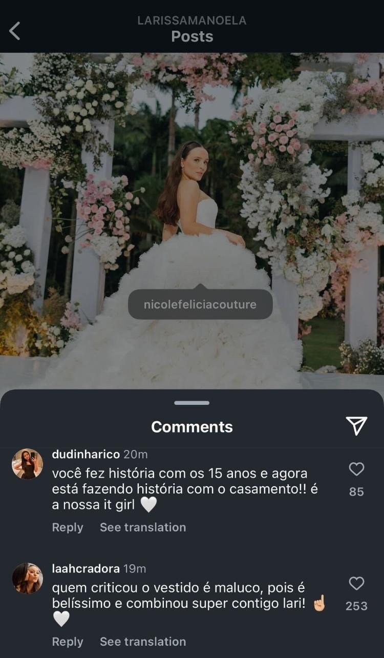 Comentários no post de Larissa Manoela com fotos inéditas de seu 3º casamento com André Luiz Frambach