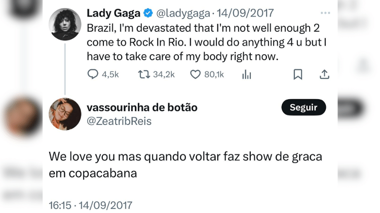 Profecia de fã que pediu Lady Gaga em Copacabana, em 2017