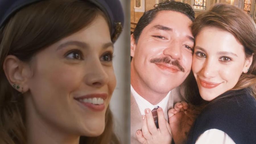 Caroline Dallarosa em "Garota do Momento"; ao lado, ela com João Vitor Silva nos bastidores - Reprodução/Instagram
