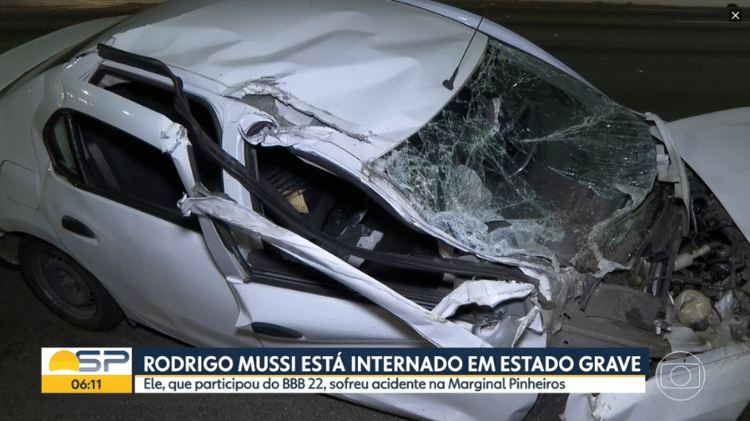 Estado do carro após o acidente envolvendo o ex-BBB Rodrigo Mussi - Reprodução/TV Globo - Reprodução/TV Globo