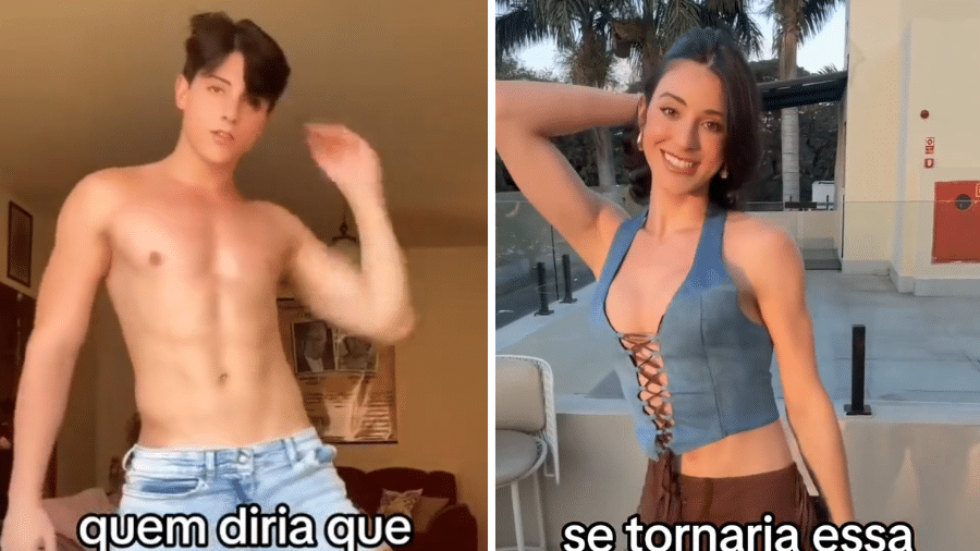 Bella Longuinho antes (à esquerda) e depois (à direita) da transição de gênero Bella Longuinho antes (à esquerda) e depois (à direita) da transição de gênero