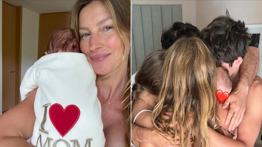 Gisele posou com o filho mais novo no colo abraçada do companheiro Joaquim e outros dois filhos Gisele posou com o filho mais novo no colo abraçada do companheiro Joaquim e outros dois filhos
