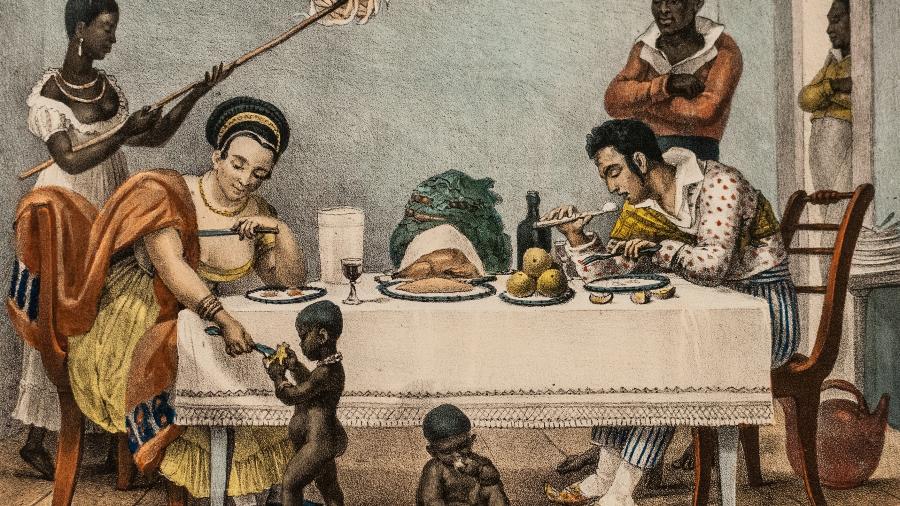Pintura de Jean-Baptiste Debret sobre o cotidiano de uma família na época da escravidão. - Jean-Baptiste Debret