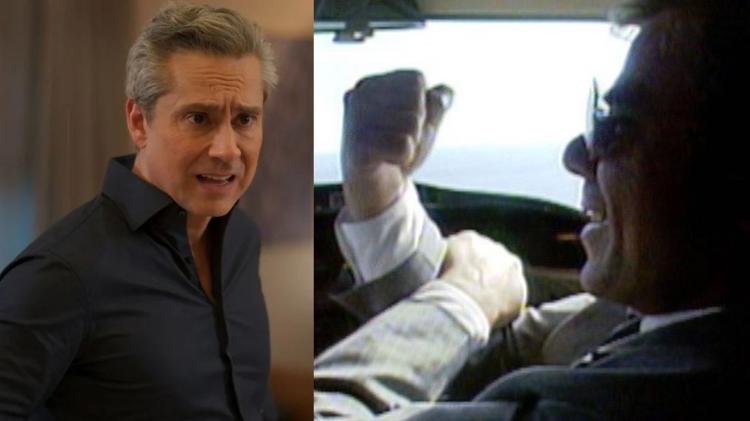 Alexandre Nero como Marco Aurélio no remake; ao lado, Reginaldo Faria fazendo sinal de 'banana' no fim da versão original de 'Vale Tudo' Alexandre Nero como Marco Aurélio no remake; ao lado, Reginaldo Faria fazendo sinal de 'banana' no fim da versão original de 'Vale Tudo'