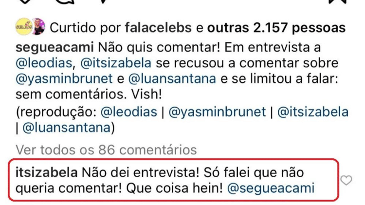 Izabel Cunha deixou comentário em perfil de fofoca no Instagram