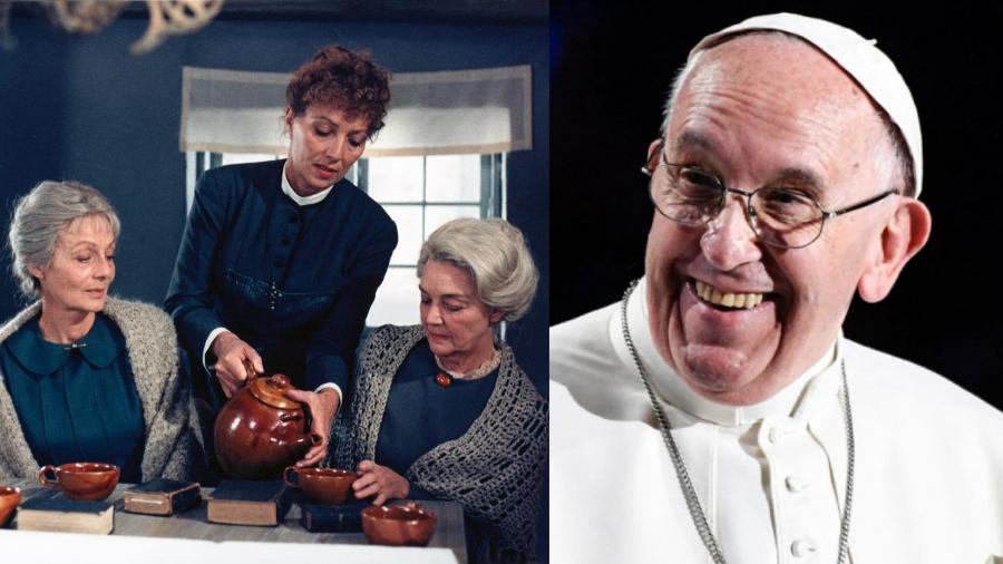 Cena do filme "A Festa de Babette" e o papa Francisco - Jonathan Nackstrand/AFP