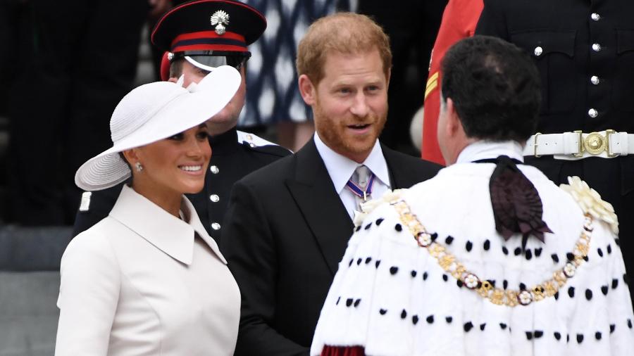Príncipe Harry e a Duqeusa Meghan Markle participaram de cerimônia em comemoração ao Jubileu de Platina da Rainha Elizabeth - Getty Images
