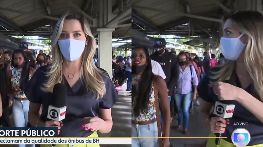 Repórter estava ao vivo quando ficou desconcentrada com mulher que passava ao seu lado criticando empresa de ônibus - Reprodução/ Globoplay/ TV Globo
